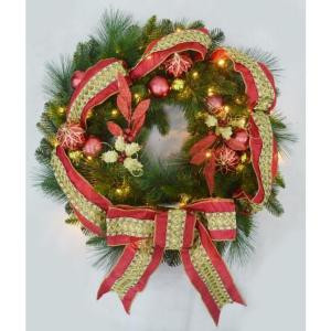 30 in. Pre-Lit Artificial Wreath with Red Jeweled Ribbon-W-RJW-30W-ONL 205151076