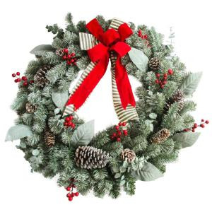 30 in. Unlit Artificial Christmas Wreath with Snowy Leaves and Bows-2381340HD 301376927