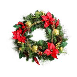 30 in. Unlit Artificial Mixed Pine Christmas Wreath with Red Poinsettias-2381320HD 301376895