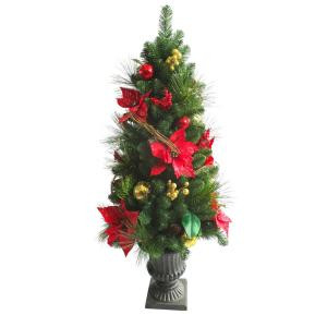 4 ft. Indoor/Outdoor Pre-Lit Artificial Porch Christmas Tree with Clear UL Lights and Red Poinsettias-2381330HD 301345377