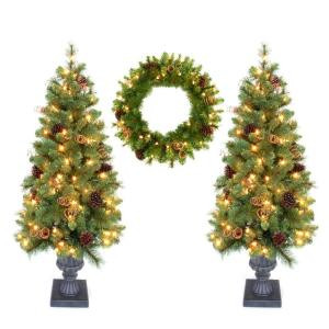Home Accent Holiday Double 4 ft. Pot Tree Artificial Christmas Tree and 24 in. Wreath with Clear Lights, Pinecones-HH40-238-100L 206792534