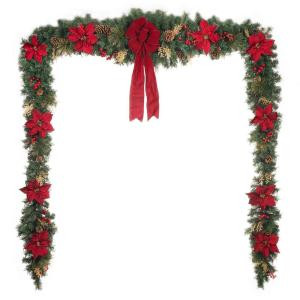 Home Accents Holiday 17 ft. Unlit Gold Glitter Cedar and Mixed Pine Garland with Burgundy Poinsettias-2399830HD 301684723