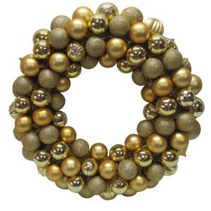 Home Accents Holiday 20 in. Gold Plastic Ball Christmas Ornament Wreath-HD20160151A 206950891