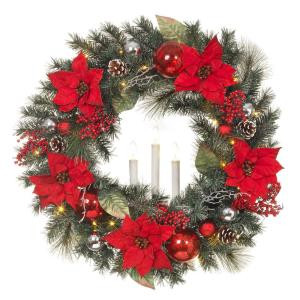 Home Accents Holiday 30 in. LED Pre-Lit Snowy Mixed Pine Wreath with Poinsettias and LED Timer Candle-2396920HD 301684724