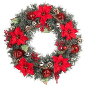 Home Accents Holiday 30 in. Red Poinsettia, Berries, Silver and Red Ball and Twig Pine Artificial Wreath-2315200HD 206768347