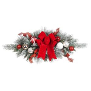 Home Accents Holiday 32 in. Flocked Pine Swag with Red and White Ball and Velvet Bow-2321300HD 206771268