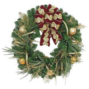 Home Accents Holiday 32 in. Pre-Lit Valenzia Artificial Christmas Wreath With Red and Gold Ribbon, 50 Battery-Operated Warm White LED-CHZH1761696THD 206771204
