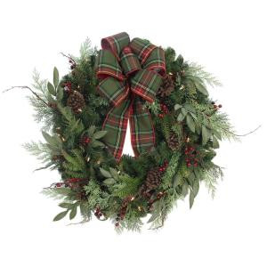 Home Accents Holiday 32 in. Pre-Lit Woodland Tales Artificial Christmas Wreath with Plaid Ribbon, 50 Battery-Operated Warm White LED-CHZH3811602THD 206771197