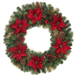 Home Accents Holiday 36 in. Unlit Artificial Christmas Pine Wreath with Burgundy Poinsettias-2399500HD 301682579