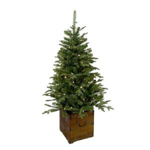 Home Accents Holiday 4 ft. Pre-Lit Frasier Artificial Christmas Porch Tree with Warm White Battery Operated LED Light and Wood Pot-BRHO710001TH2 301683166