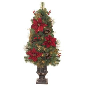 Home Accents Holiday 4 ft. Pre-Lit LED Gold Glitter Cedar and Mixed Pine Porch Tree with Burgundy Poinsettias-2399810HD 301684504