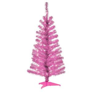 National Tree Company 4 ft. Pink Tinsel Artificial Christmas Tree with Clear Lights-TT33-306-40 300487962