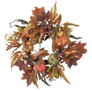 Nearly Natural 24 in. Artificial Wreath with Pumpkins, Berries, and Maple Leaves-4924 202510932