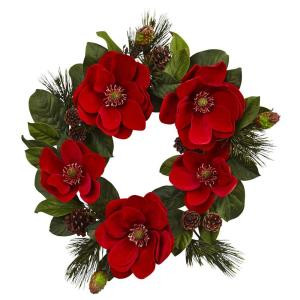 Nearly Natural 24 in. Red Magnolia and Pine Artificial Wreath-4869 206585512