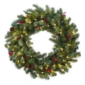 Nearly Natural 30 in. Lighted Pine Artificial Wreath with Berries and Pine Cones-4860 206585497