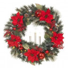 Home Accents Holiday 30 in. LED Pre-Lit Snowy Mixed Pine Wreath with Poinsettias and LED Timer Candle-2396920HD 301684724
