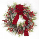 Home Accents Holiday 30 in. Pre-Lit Artificial Christmas Wreath with Pinecones and Burgundy Ribbon-2396760HDC 301695177
