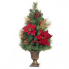 Home Accents Holiday 32 in. Gold Glitter Cedar and Mixed Pine Porch Tree with Burgundy Poinsettias-2400060HDY-2 301684627