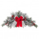 Home Accents Holiday 32 in. Unlit Snowy Pine Swag with Gray Striped and Red Velvet Bows-2399110HDY-2 301685018