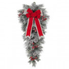 Home Accents Holiday 32 in. Unlit Snowy Pine Teardrop with Gray Striped and Red Velvet Bows-2399120HDY 301685787