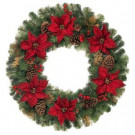 Home Accents Holiday 36 in. Unlit Artificial Christmas Pine Wreath with Burgundy Poinsettias-2399500HD 301682579